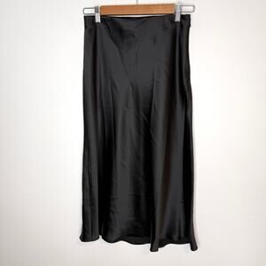 Aqua Satin Slip Midi Skirt With Flutter Hem In Black Size Small